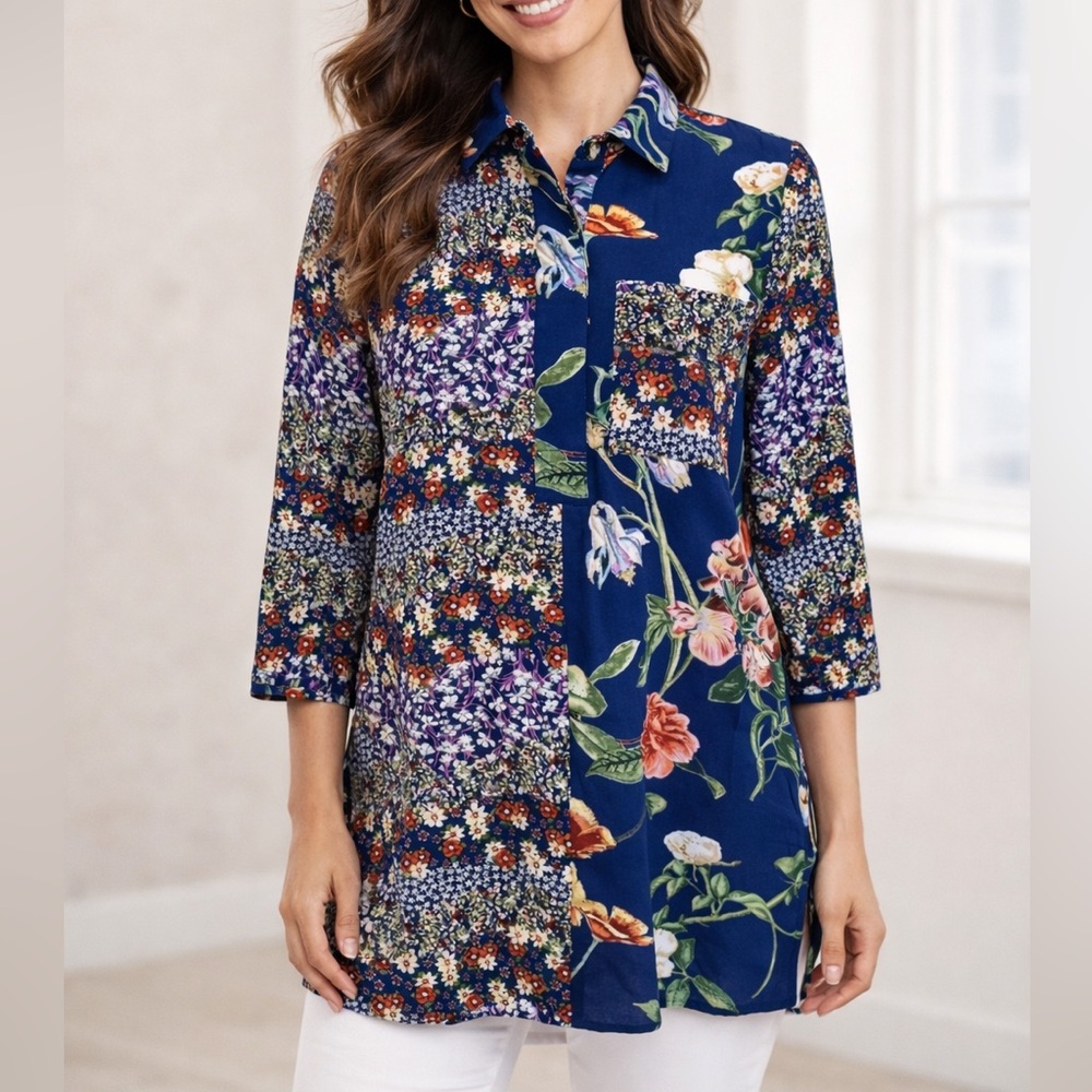 Fig Flower Blue Floral Long Blouse Tunic Boho Size Small